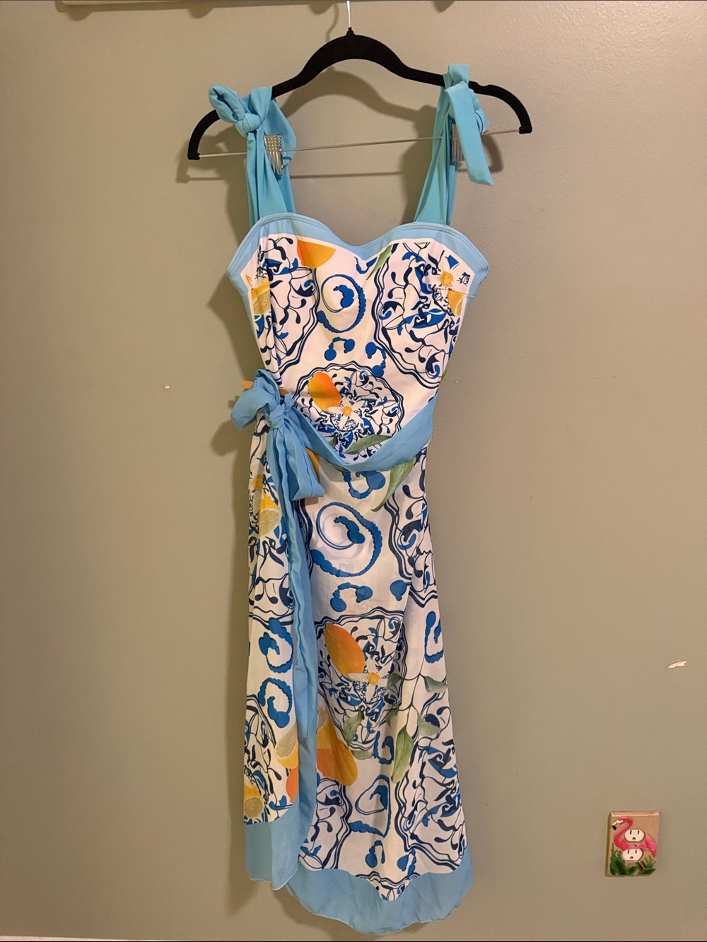 Light Blue,Yellow & White Italian Patterned bathing suit and wrap set.
